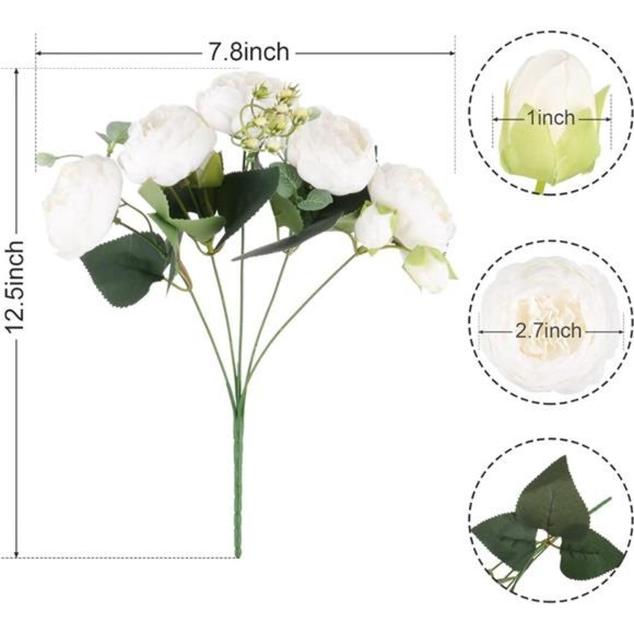 Artificial Peony Flower Silk Peonies Bouquet 4 Bundles Fake Flowers Bulk (White) - Picture 3 of 6